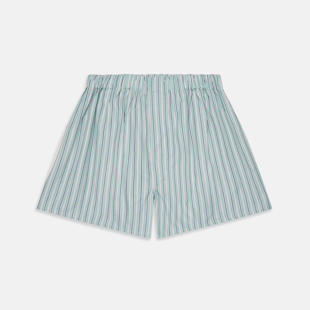 Green, navy & pink stripe cotton boxer shorts from Turnbull & Asser with an elastic waistband, displayed flat on a plain white background—ideal for those seeking luxury underwear with timeless style.