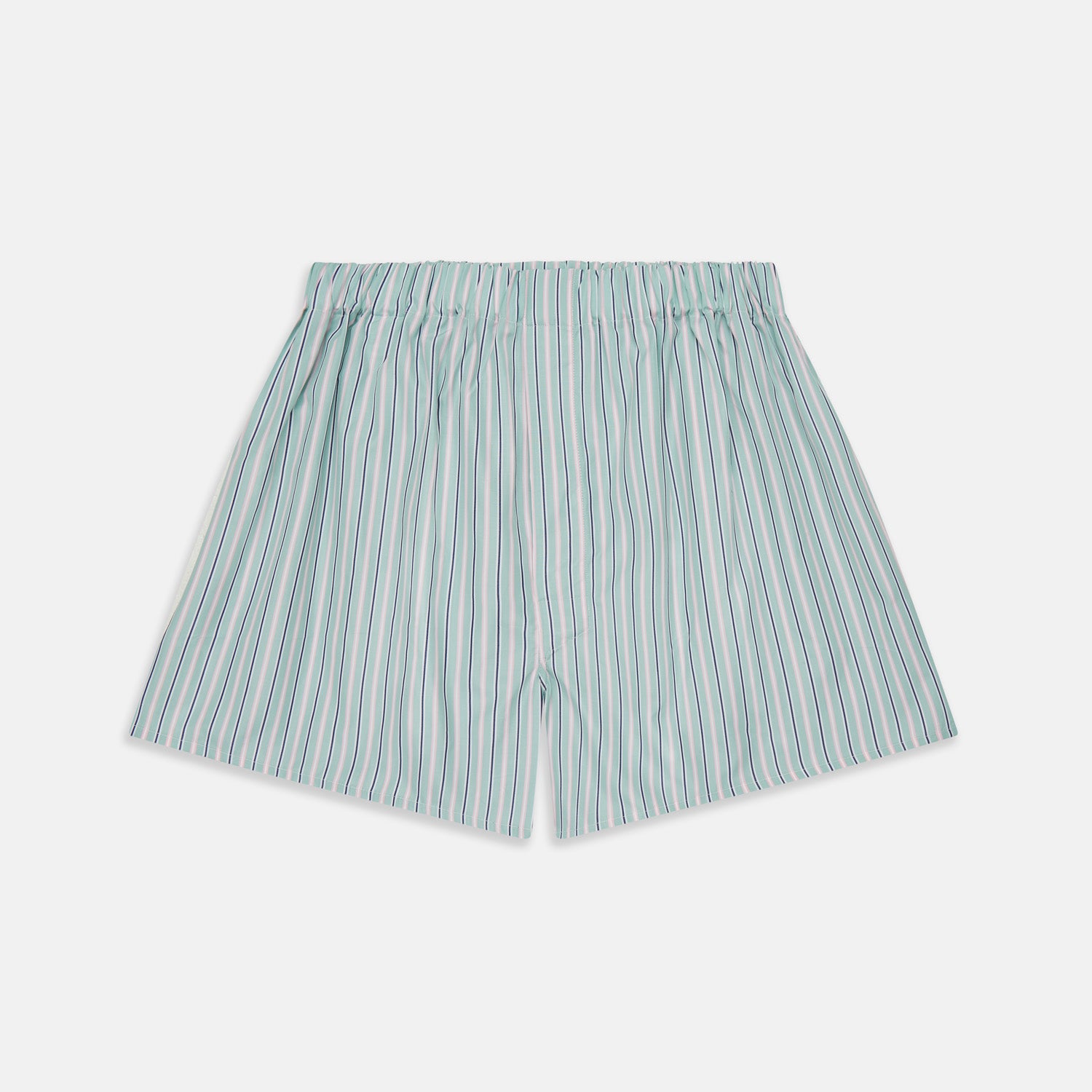 View 1 of product Green, navy & pink stripe cotton boxer shorts from Turnbull & Asser with an elastic waistband, displayed flat on a plain white background—ideal for those seeking luxury underwear with timeless style.