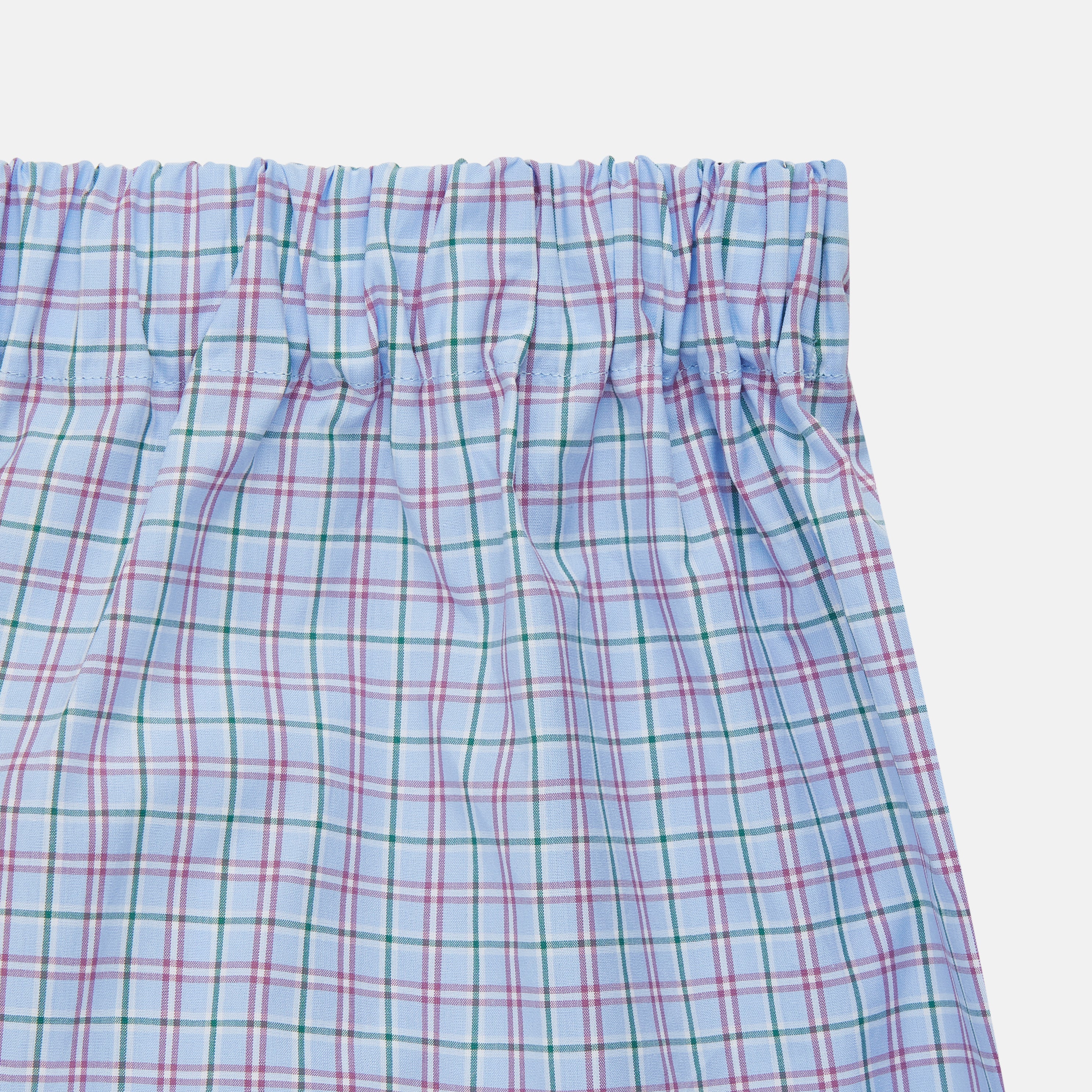 View 2 of product Turnbull & Asser Blue, Purple & Green Check Cotton Boxer Shorts with an elastic waistband, shown flat on a white background. The check pattern offers a classic look—ideal for those who value luxury underwear.
