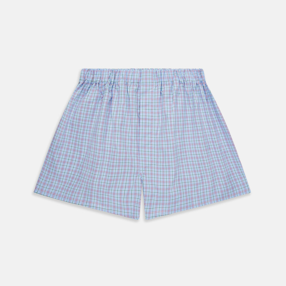 Turnbull & Asser Blue, Purple & Green Check Cotton Boxer Shorts with an elastic waistband, shown flat on a white background. The check pattern offers a classic look—ideal for those who value luxury underwear.
