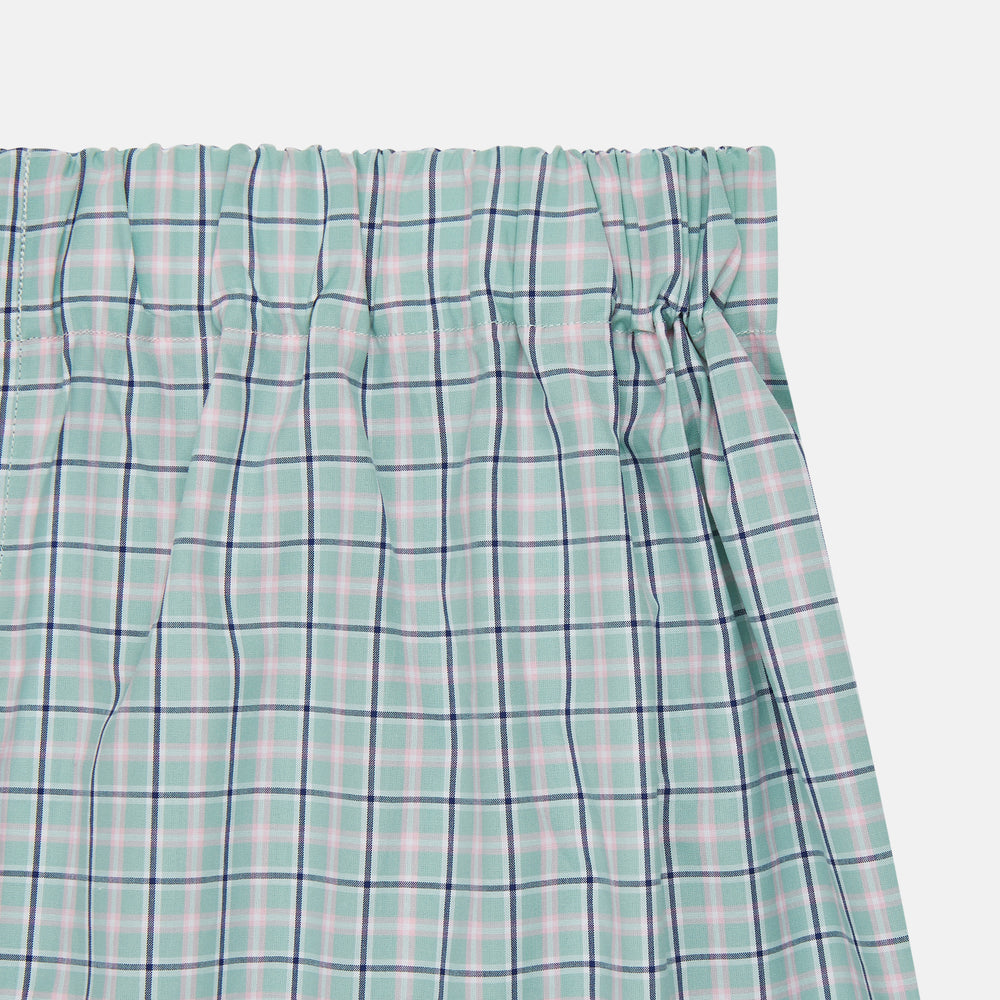 Green, navy & pink check cotton boxer shorts by Turnbull & Asser, featuring an elastic waistband, are luxury underwear displayed flat on a white background.