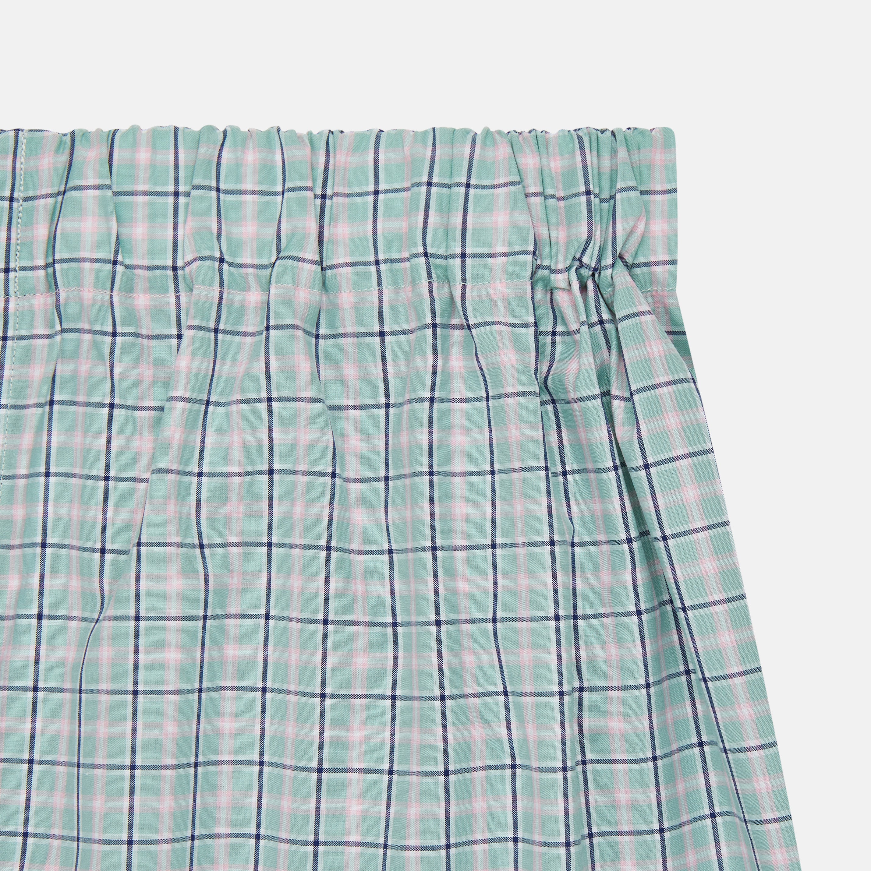 View 2 of product Green, navy & pink check cotton boxer shorts by Turnbull & Asser, featuring an elastic waistband, are luxury underwear displayed flat on a white background.