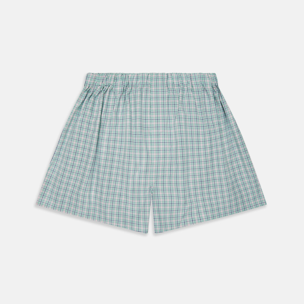 Green, navy & pink check cotton boxer shorts by Turnbull & Asser, featuring an elastic waistband, are luxury underwear displayed flat on a white background.