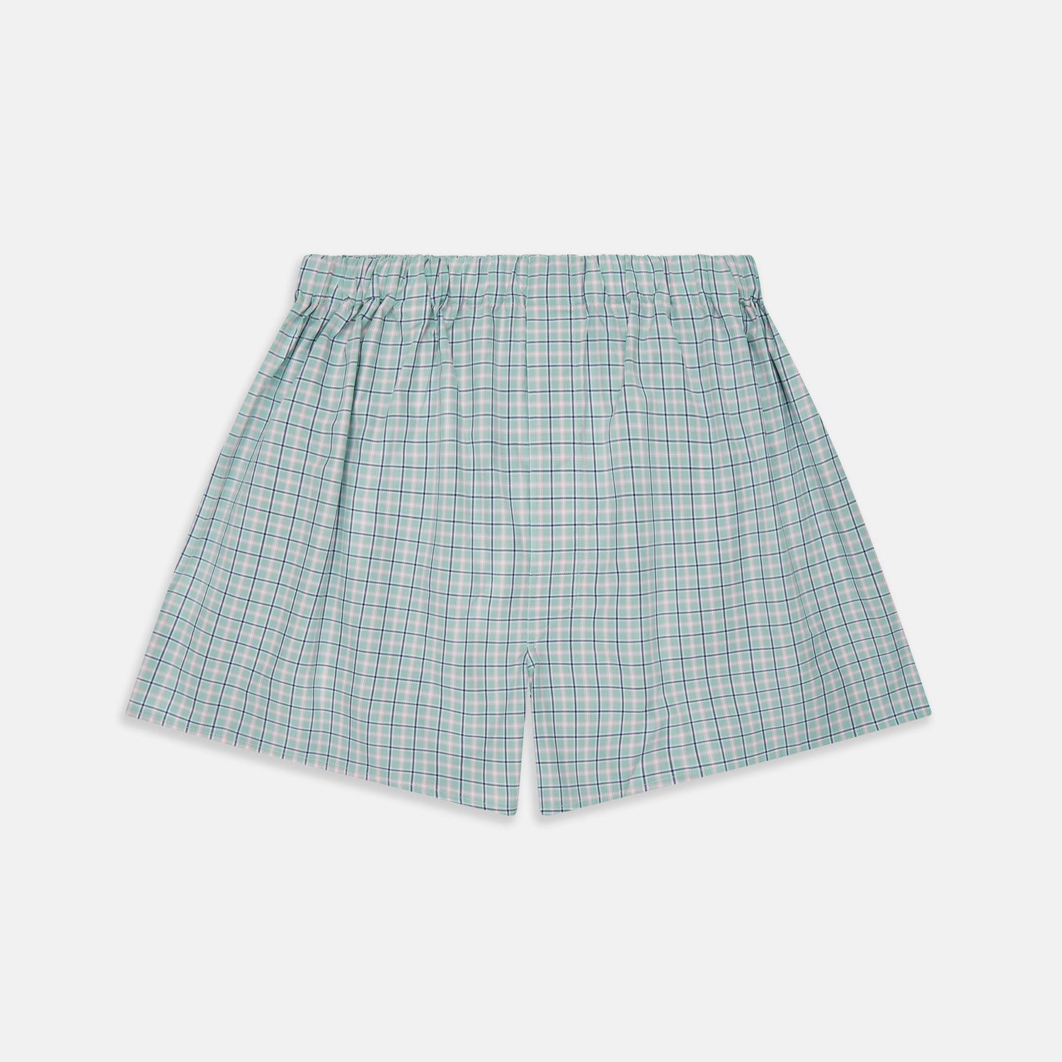 View 1 of product Green, navy & pink check cotton boxer shorts by Turnbull & Asser, featuring an elastic waistband, are luxury underwear displayed flat on a white background.