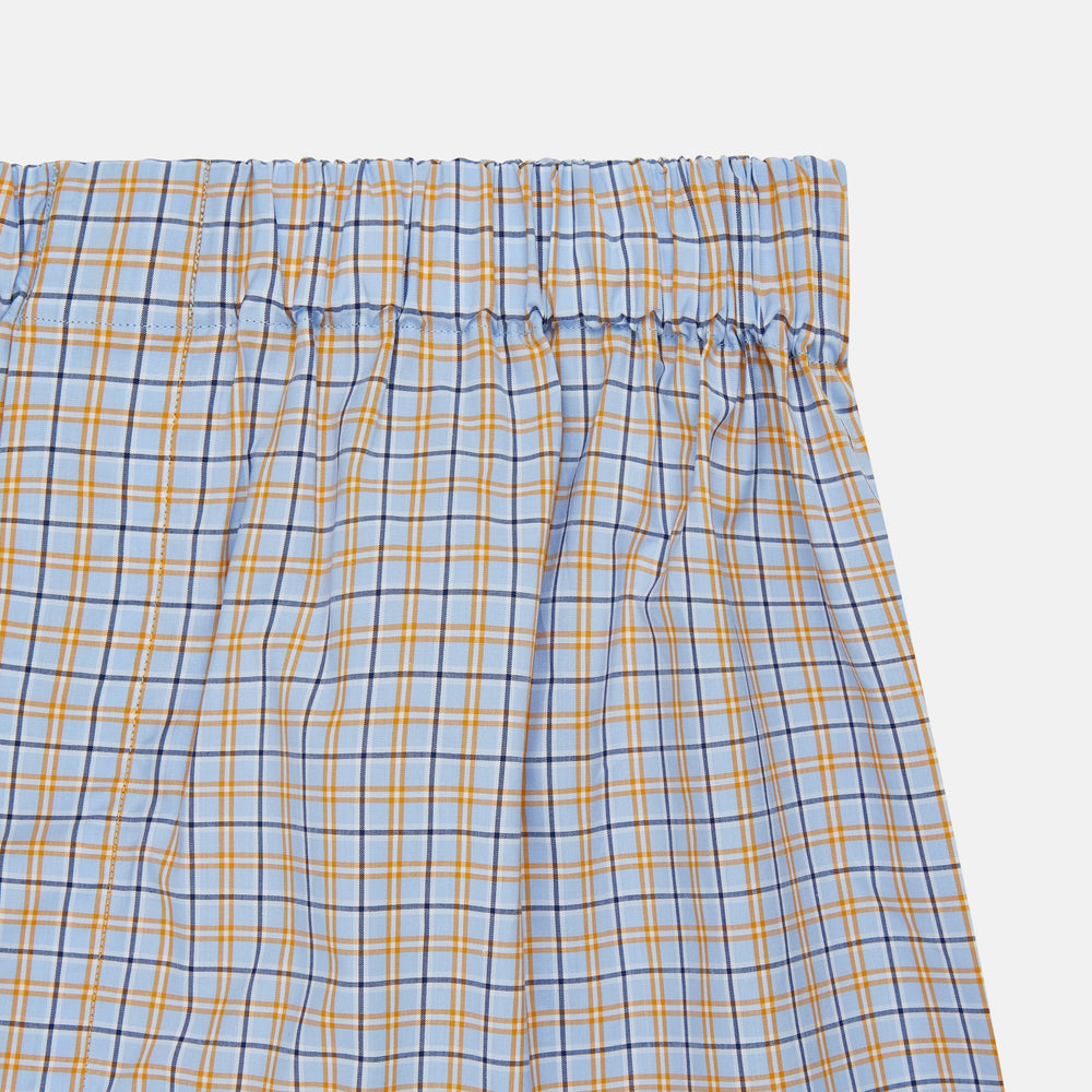 Turnbull & Asser Blue, Orange & Navy Check Cotton Boxer Shorts with an elastic waistband, displayed flat on a plain white background.