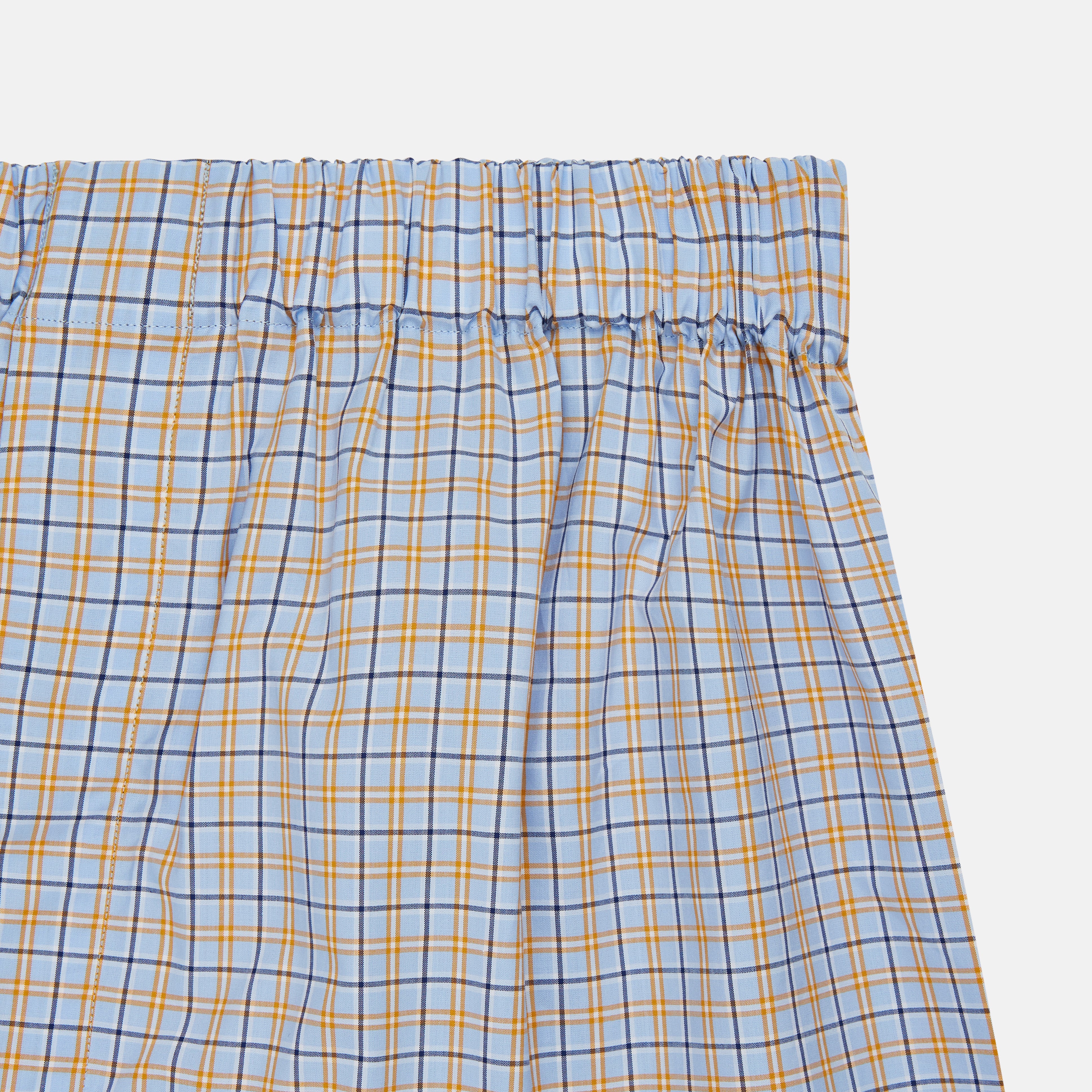 View 2 of product Turnbull & Asser Blue, Orange & Navy Check Cotton Boxer Shorts with an elastic waistband, displayed flat on a plain white background.