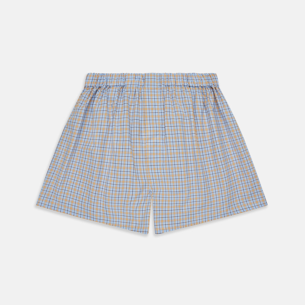 Turnbull & Asser Blue, Orange & Navy Check Cotton Boxer Shorts with an elastic waistband, displayed flat on a plain white background.