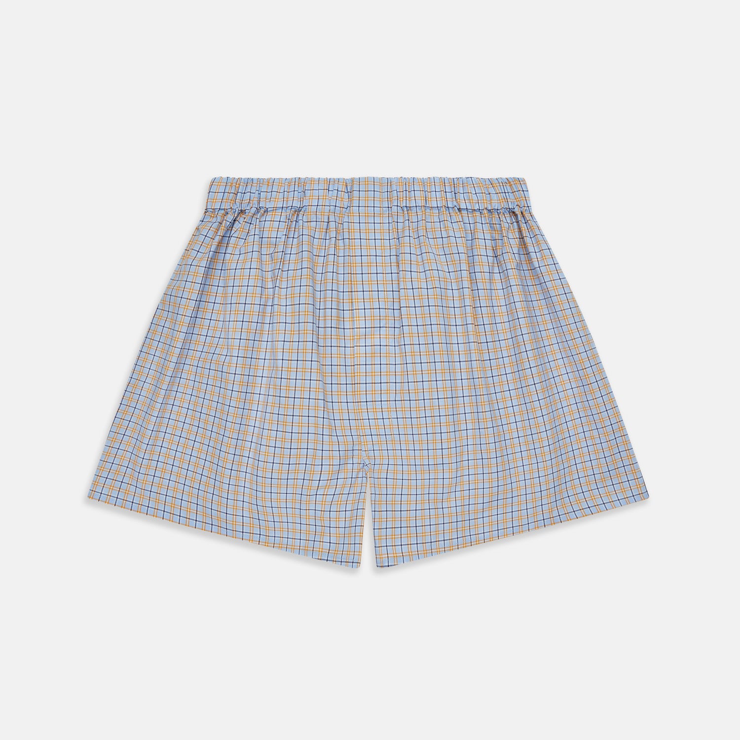 View 1 of product Turnbull & Asser Blue, Orange & Navy Check Cotton Boxer Shorts with an elastic waistband, displayed flat on a plain white background.