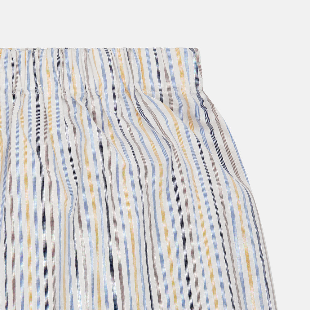 Turnbull & Asser Yellow Multi Stripe Cotton Boxer Shorts feature a lightweight cotton fabric, elastic waistband, and vertical blue, yellow, and white stripes—ideal men's underwear for everyday comfort.