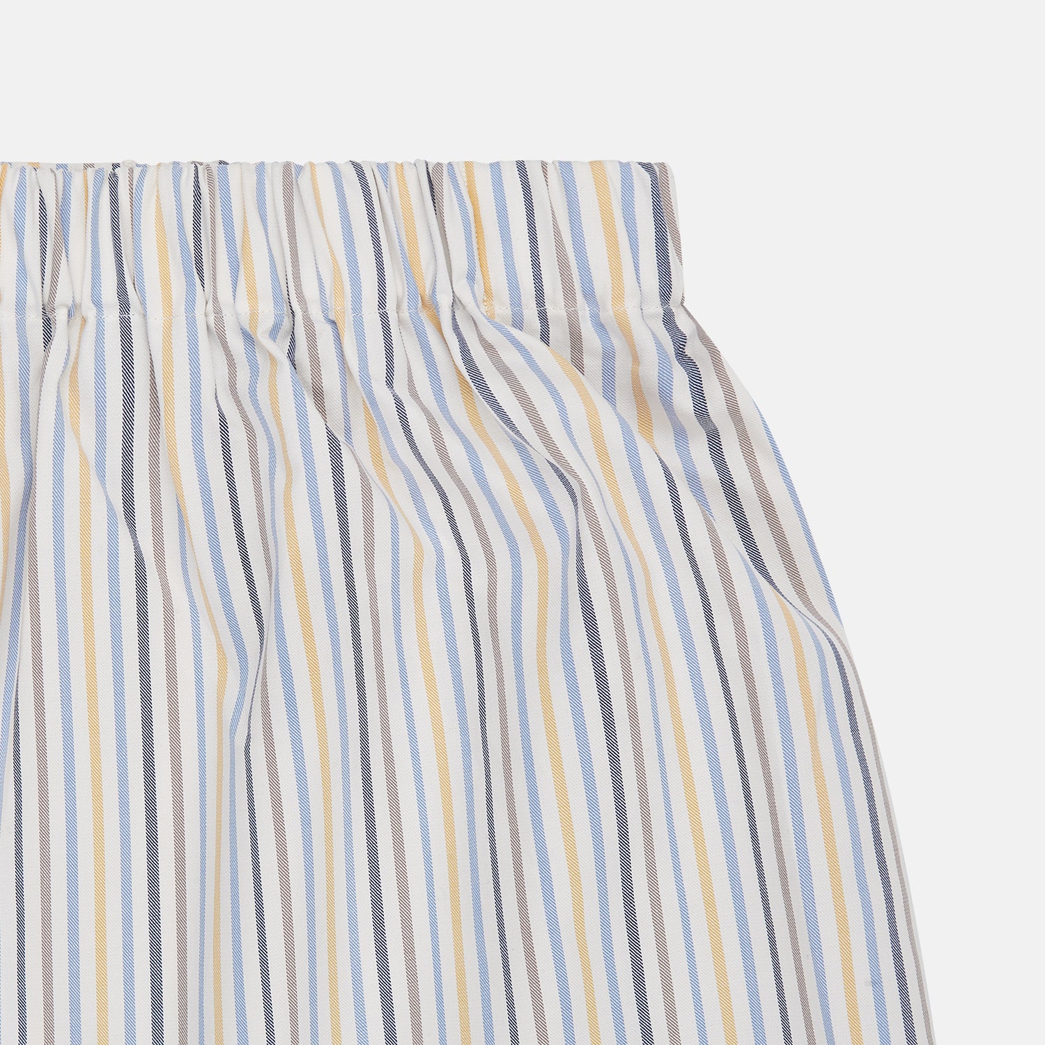 View 2 of product Turnbull & Asser Yellow Multi Stripe Cotton Boxer Shorts feature a lightweight cotton fabric, elastic waistband, and vertical blue, yellow, and white stripes—ideal men's underwear for everyday comfort.