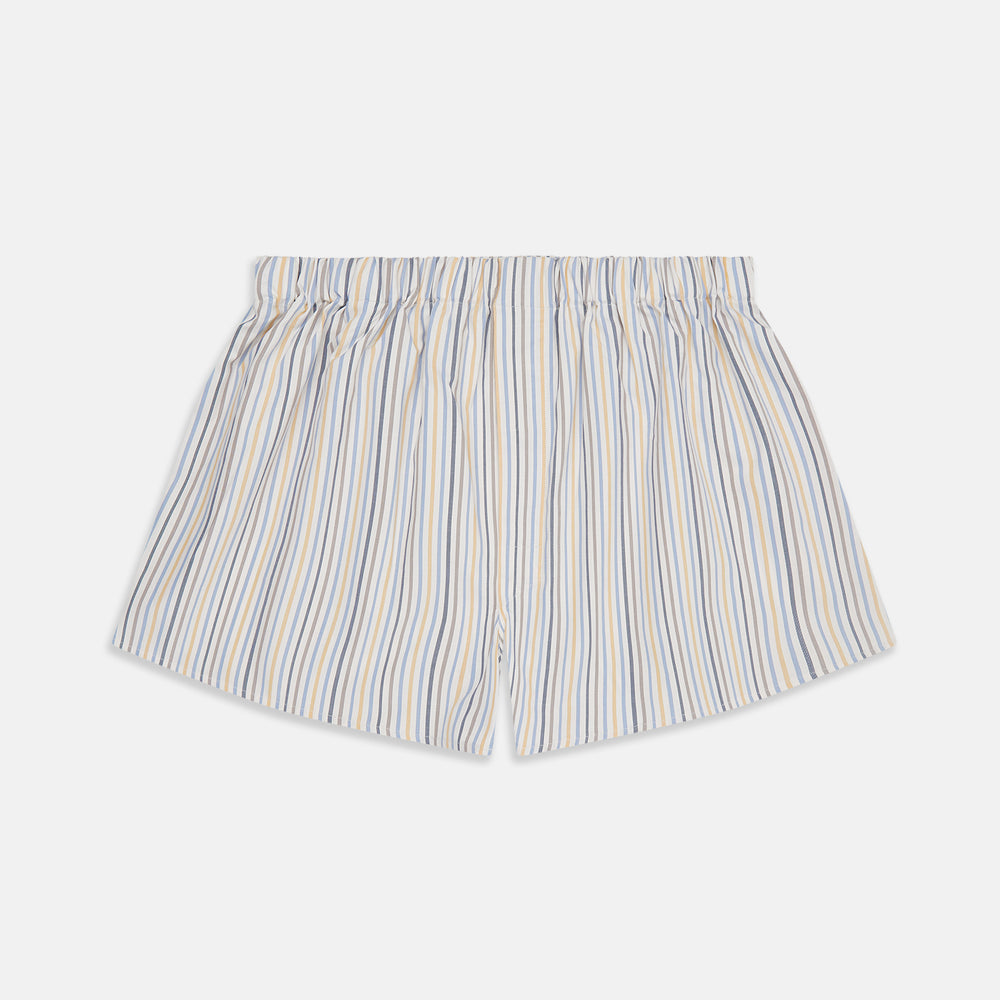 Turnbull & Asser Yellow Multi Stripe Cotton Boxer Shorts feature a lightweight cotton fabric, elastic waistband, and vertical blue, yellow, and white stripes—ideal men's underwear for everyday comfort.