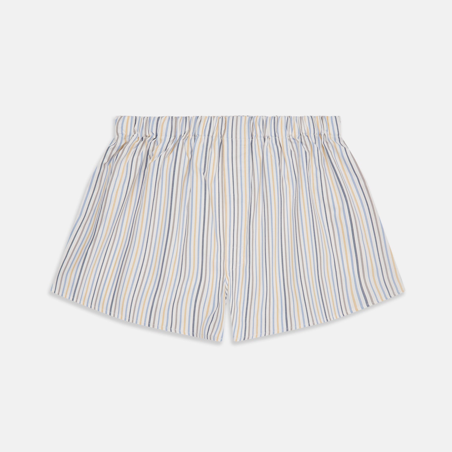 View 1 of product Turnbull & Asser Yellow Multi Stripe Cotton Boxer Shorts feature a lightweight cotton fabric, elastic waistband, and vertical blue, yellow, and white stripes—ideal men's underwear for everyday comfort.