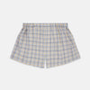 View 1 of product Turnbull & Asser Yellow Multi Check Cotton Boxer Shorts for men feature a loose fit, elastic waistband, and soft cotton fabric in a light blue, yellow, and white plaid pattern, shown against a plain white background.