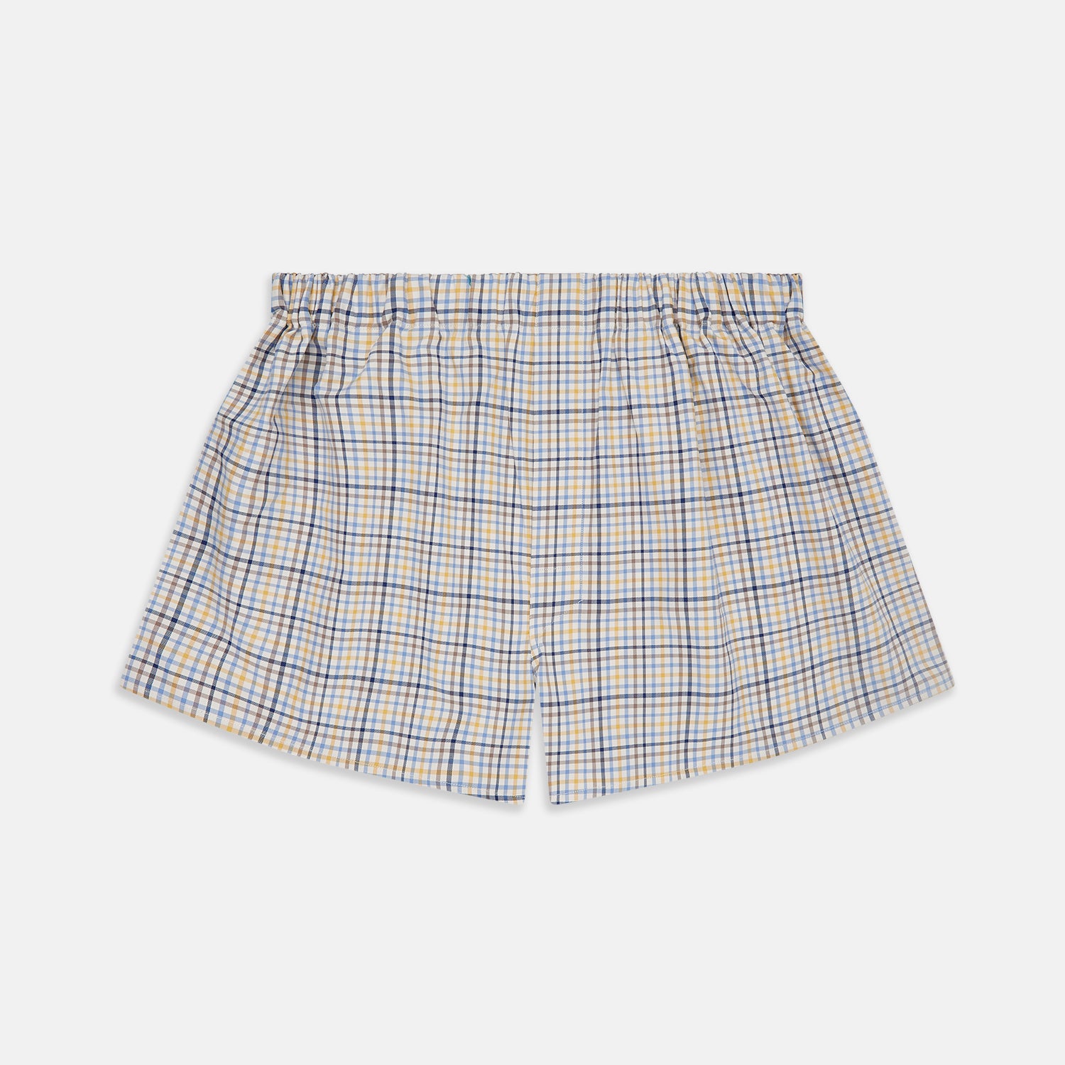 View 1 of product Turnbull & Asser Yellow Multi Check Cotton Boxer Shorts for men feature a loose fit, elastic waistband, and soft cotton fabric in a light blue, yellow, and white plaid pattern, shown against a plain white background.