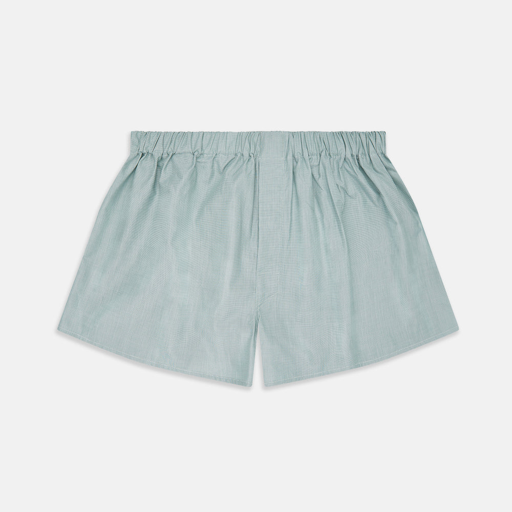 Plain green, loose-fitting men's boxer shorts by Turnbull & Asser, made from luxury cotton with an elastic waistband, displayed flat on a white background.