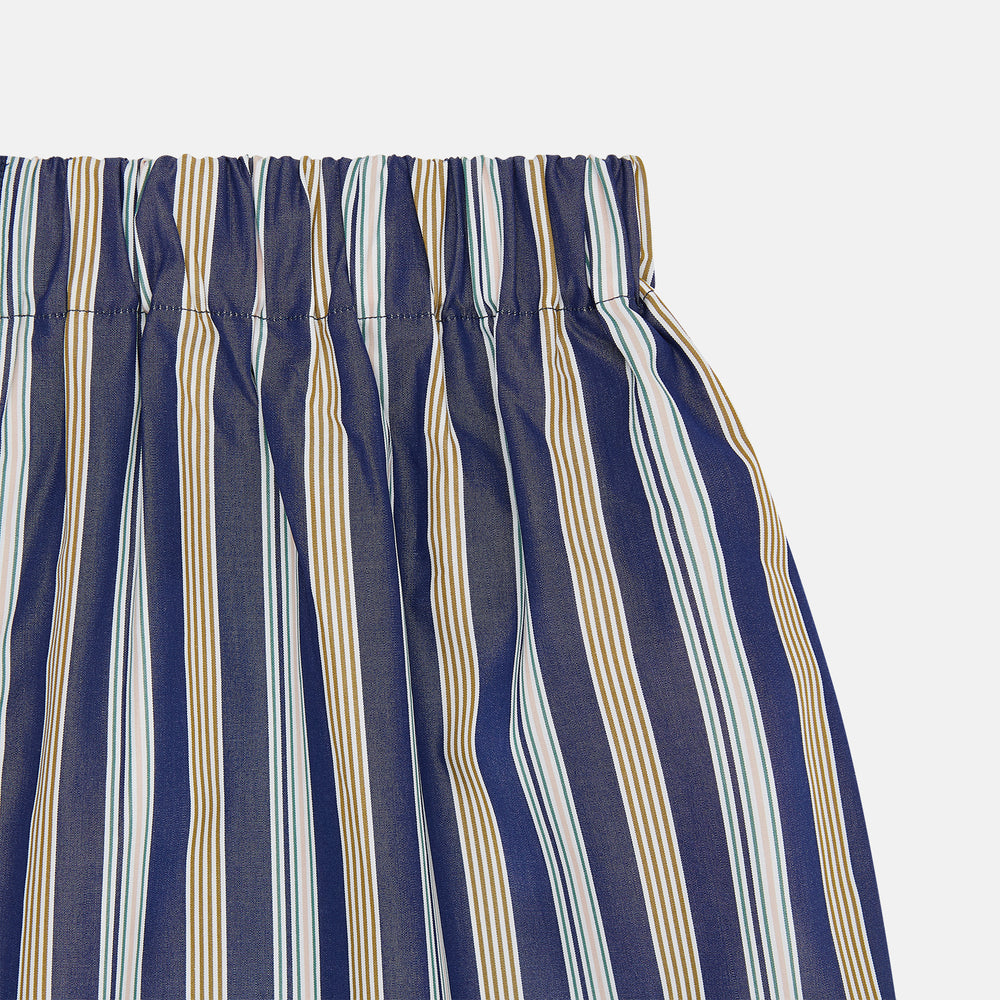 The Turnbull & Asser Blue Multi Stripe Cotton Boxer Shorts offer a loose fit with navy, light blue, and white stripes, plus an elastic waistband—ideal for those seeking luxury men's underwear.