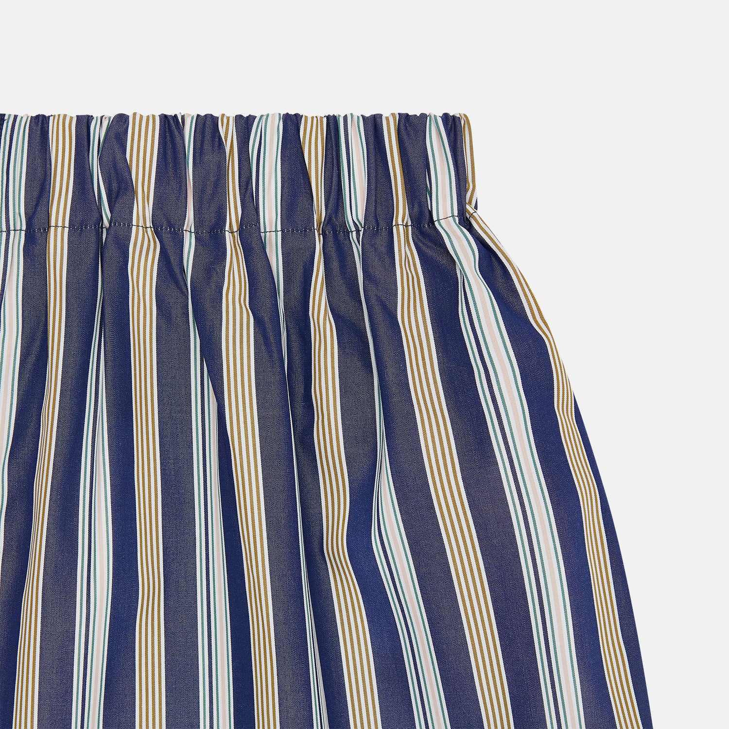 View 2 of product The Turnbull & Asser Blue Multi Stripe Cotton Boxer Shorts offer a loose fit with navy, light blue, and white stripes, plus an elastic waistband—ideal for those seeking luxury men's underwear.