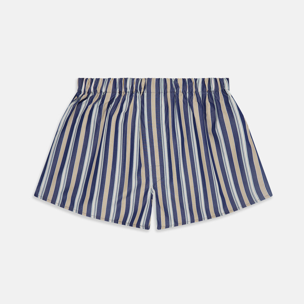 The Turnbull & Asser Blue Multi Stripe Cotton Boxer Shorts offer a loose fit with navy, light blue, and white stripes, plus an elastic waistband—ideal for those seeking luxury men's underwear.