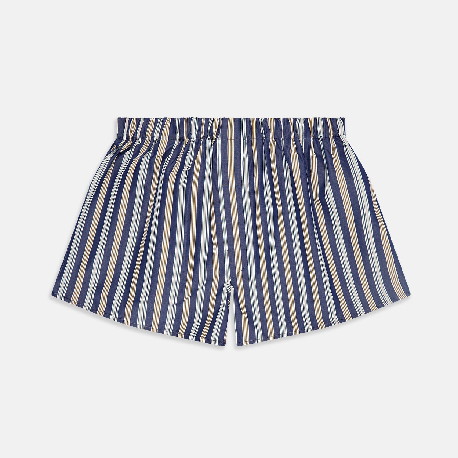 View 1 of product The Turnbull & Asser Blue Multi Stripe Cotton Boxer Shorts offer a loose fit with navy, light blue, and white stripes, plus an elastic waistband—ideal for those seeking luxury men's underwear.