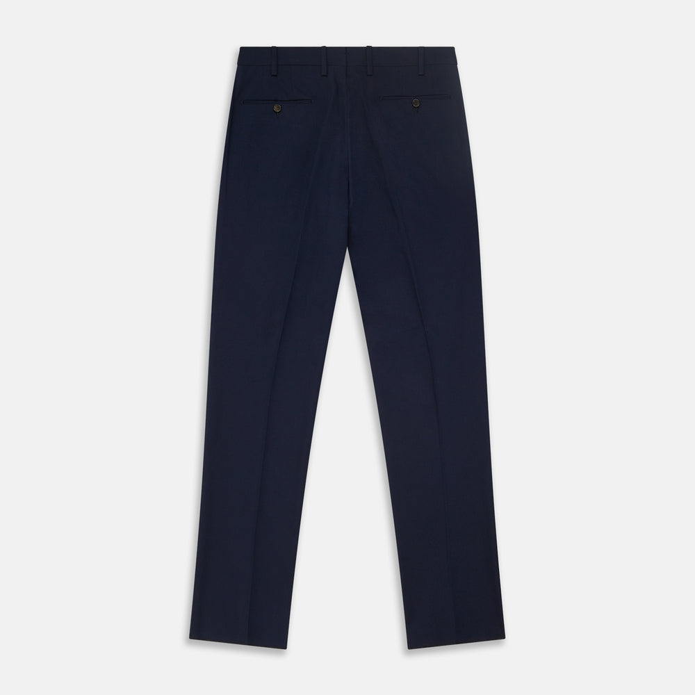 The Turnbull & Asser Navy Front Pleated Gerry Trouser is shown laid flat, featuring a classic straight leg, button and zip closure, belt loops, and crisp front pleats.