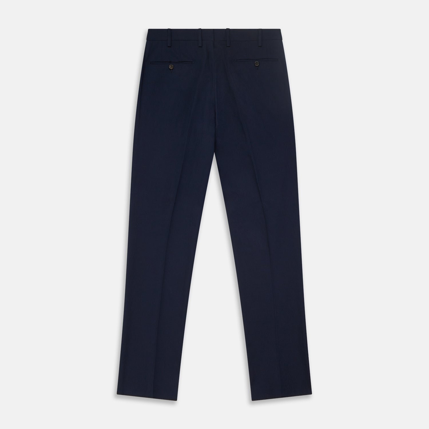 View 3 of product The Turnbull & Asser Navy Front Pleated Gerry Trouser is shown laid flat, featuring a classic straight leg, button and zip closure, belt loops, and crisp front pleats.