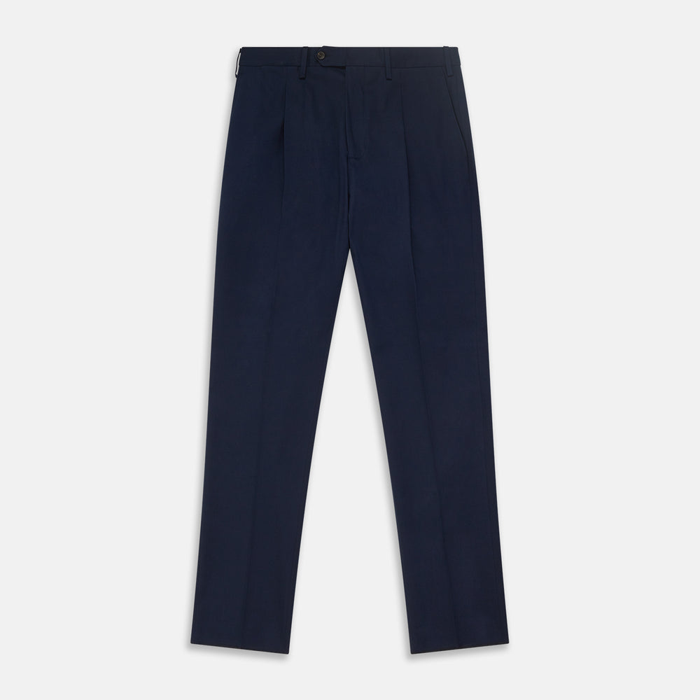 The Turnbull & Asser Navy Front Pleated Gerry Trouser is shown laid flat, featuring a classic straight leg, button and zip closure, belt loops, and crisp front pleats.