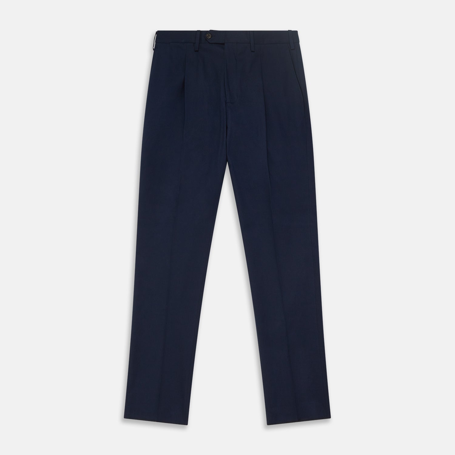 View 1 of product The Turnbull & Asser Navy Front Pleated Gerry Trouser is shown laid flat, featuring a classic straight leg, button and zip closure, belt loops, and crisp front pleats.