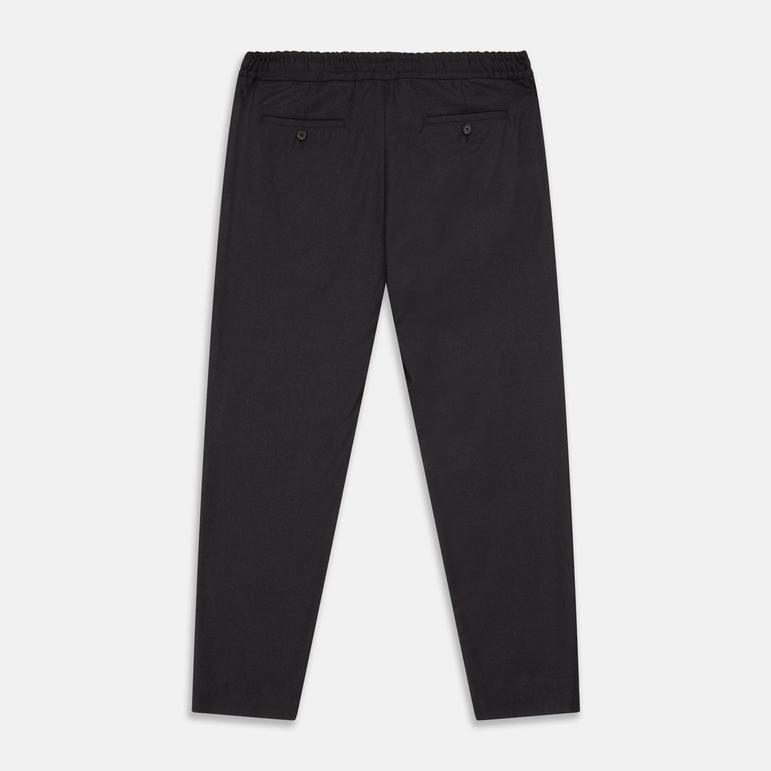 View 4 of product Turnbull & Asser Charcoal Tailored Drawstring Trousers in wool flannel, featuring an elastic waistband, straight legs, and side pockets, shown laid flat on a white background.