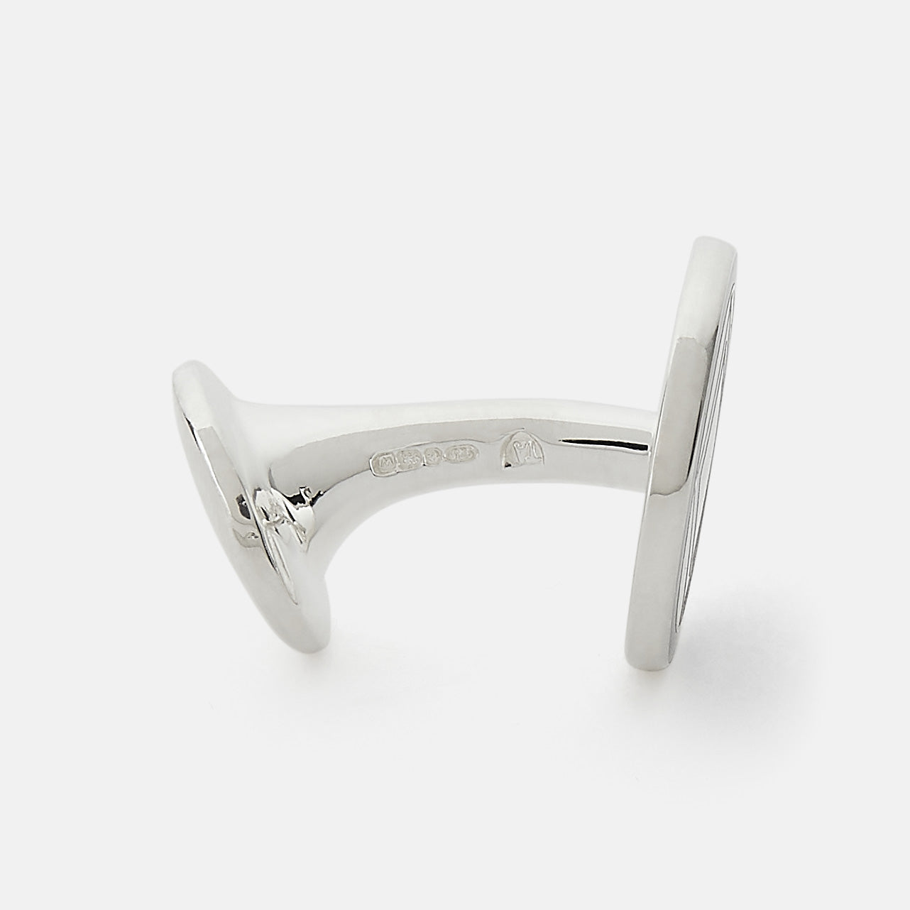 View 3 of product Turnbull & Asser's Pale Pink Sterling Silver Cufflinks feature a round design with a geometric square pattern on a pale pink background—an elegant accessory for men, displayed on a white surface.