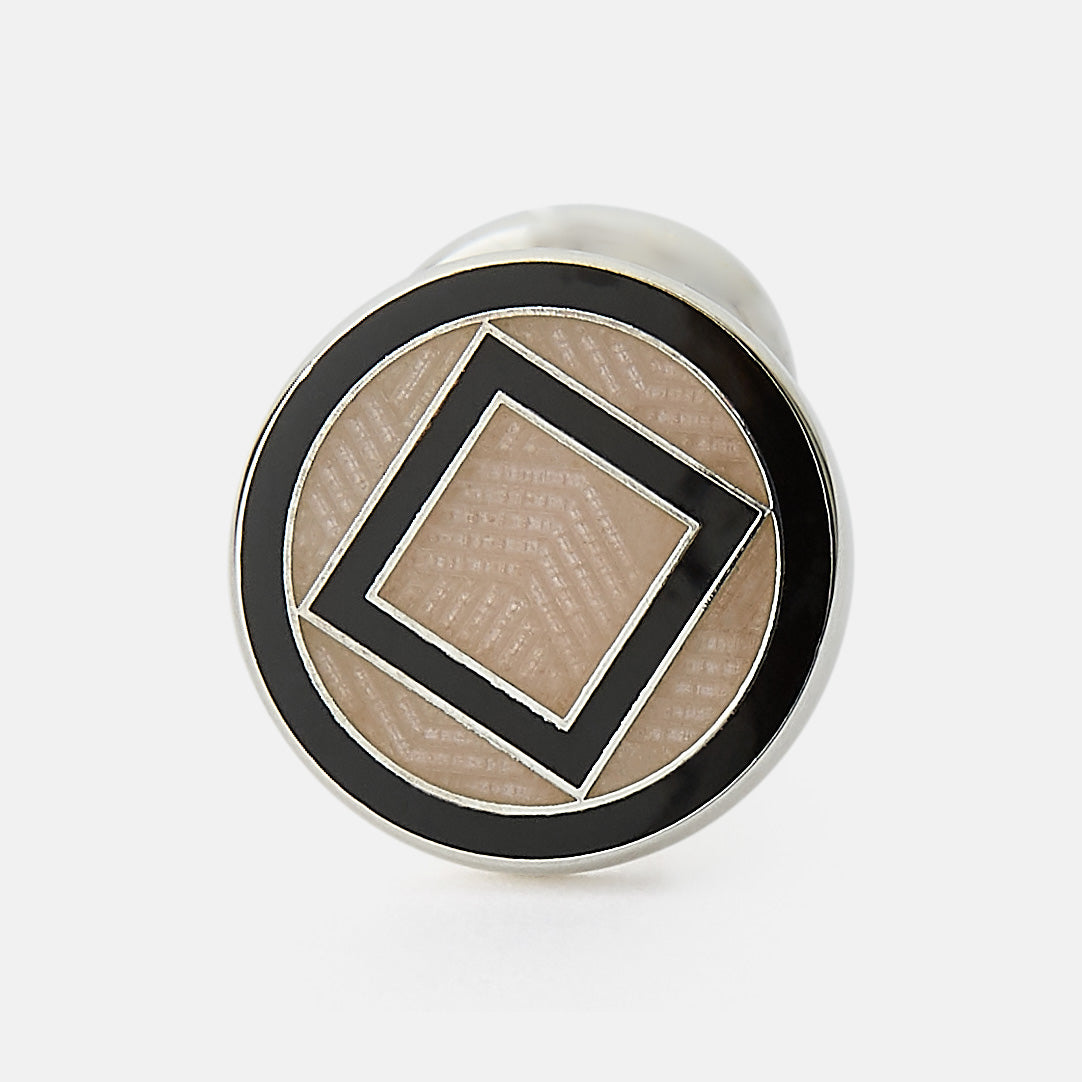 View 2 of product Turnbull & Asser's Pale Pink Sterling Silver Cufflinks feature a round design with a geometric square pattern on a pale pink background—an elegant accessory for men, displayed on a white surface.