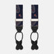 A pair of Navy Paisley Adjustable Silk Braces by Turnbull & Asser, featuring black leather loops and silver-tone adjusters, is displayed on a white background.