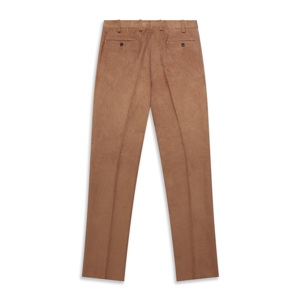 Turnbull & Asser’s Fawn Horizontal Cord Manson Trouser, tailored in Italy from brown cotton cord with straight legs, belt loops, and front button-zip closure, is shown laid flat on a white background.
