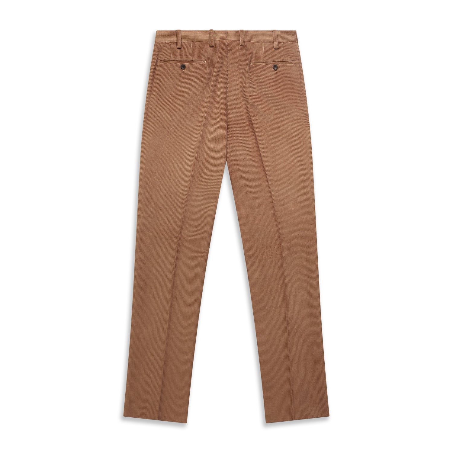 View 3 of product Turnbull & Asser’s Fawn Horizontal Cord Manson Trouser, tailored in Italy from brown cotton cord with straight legs, belt loops, and front button-zip closure, is shown laid flat on a white background.