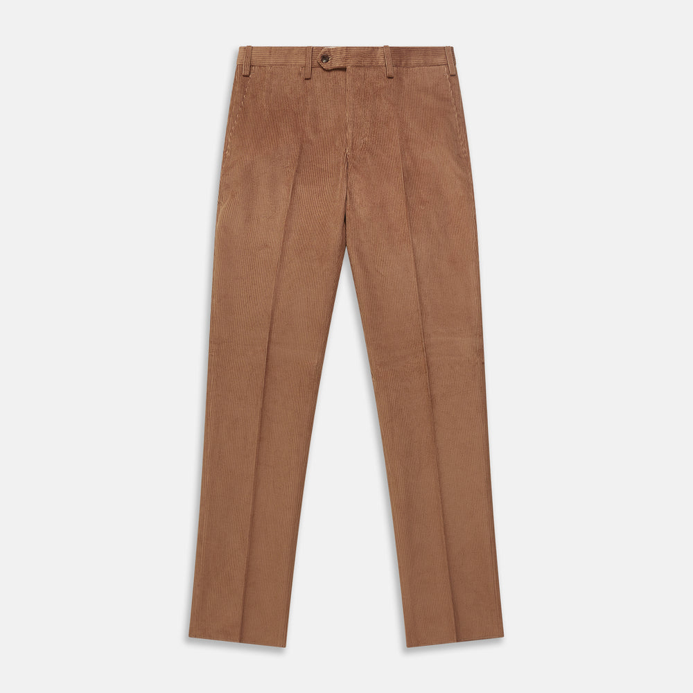 Turnbull & Asser’s Fawn Horizontal Cord Manson Trouser, tailored in Italy from brown cotton cord with straight legs, belt loops, and front button-zip closure, is shown laid flat on a white background.