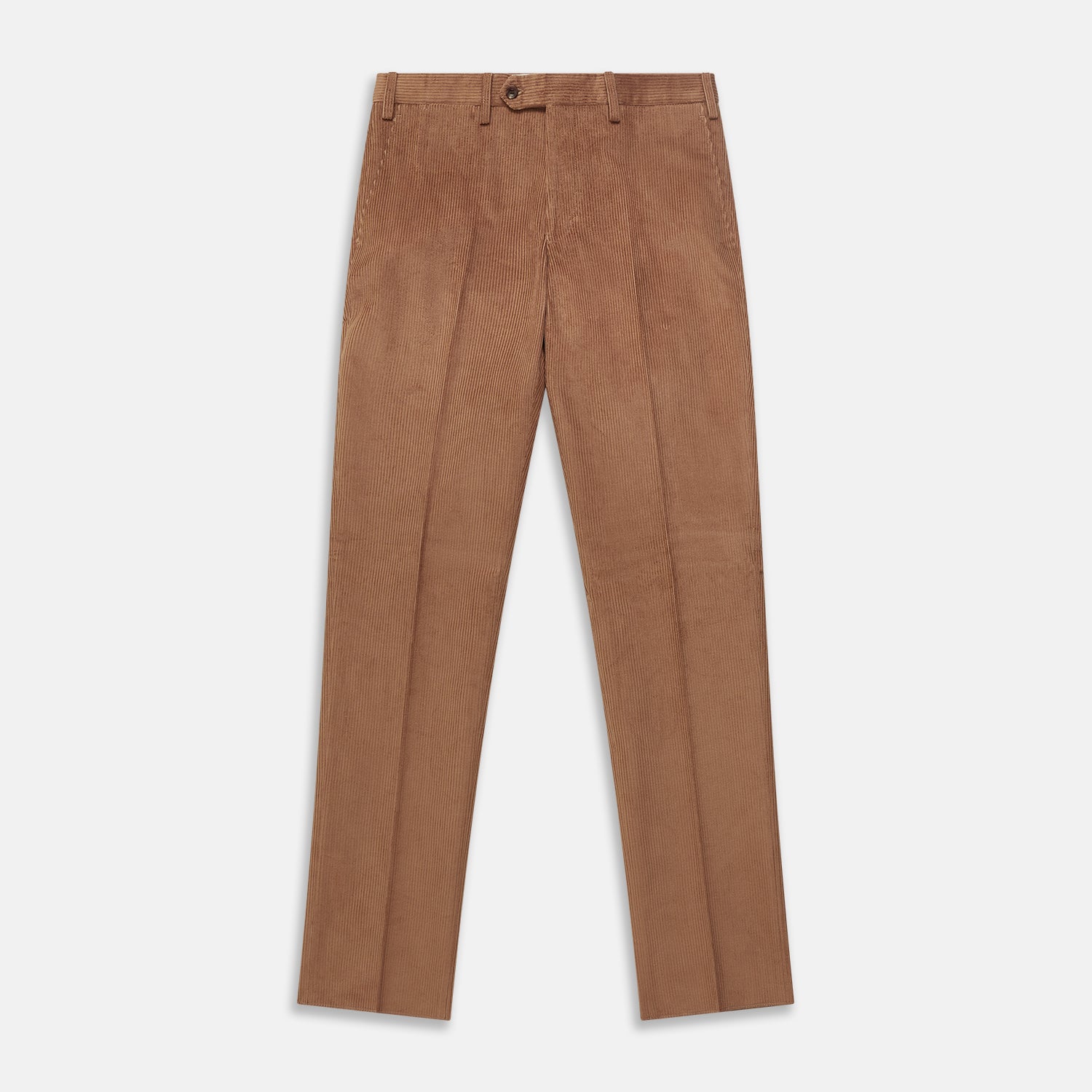 View 1 of product Turnbull & Asser’s Fawn Horizontal Cord Manson Trouser, tailored in Italy from brown cotton cord with straight legs, belt loops, and front button-zip closure, is shown laid flat on a white background.