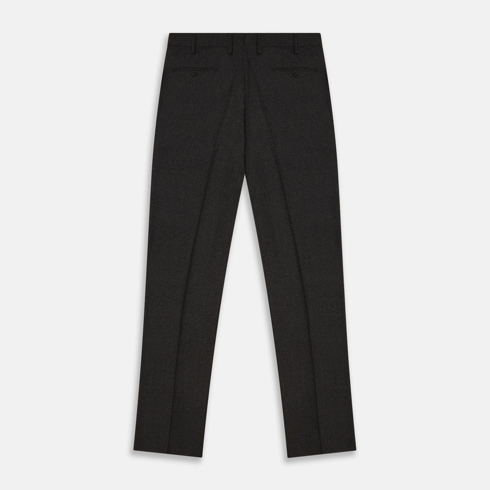 Turnbull & Asser Charcoal Grey Wool Manson Trousers, tailored in Italy with a straight-leg cut, front creases, belt loops, and button closure, are displayed flat on a white background.