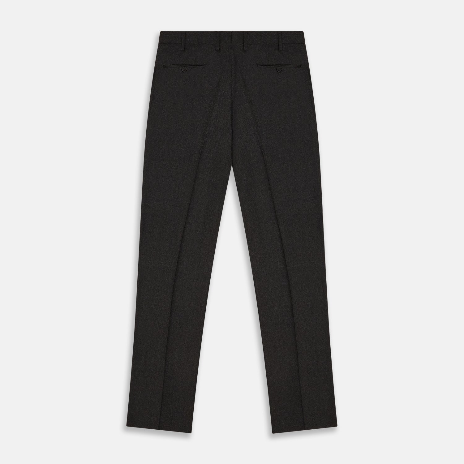 View 3 of product Turnbull & Asser Charcoal Grey Wool Manson Trousers, tailored in Italy with a straight-leg cut, front creases, belt loops, and button closure, are displayed flat on a white background.