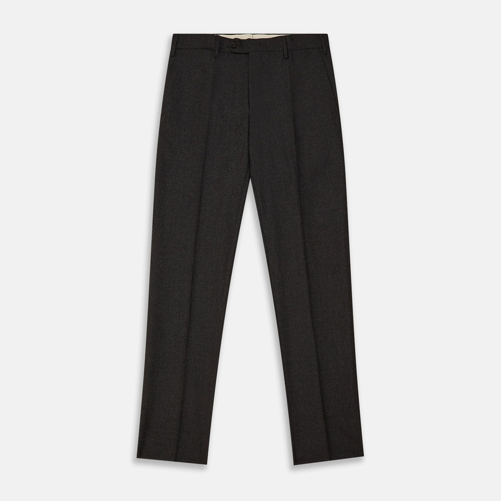 Turnbull & Asser Charcoal Grey Wool Manson Trousers, tailored in Italy with a straight-leg cut, front creases, belt loops, and button closure, are displayed flat on a white background.