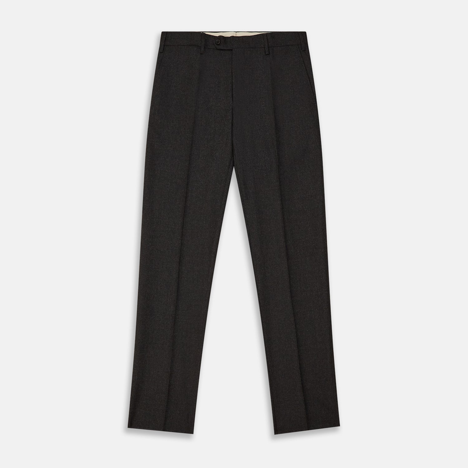View 1 of product Turnbull & Asser Charcoal Grey Wool Manson Trousers, tailored in Italy with a straight-leg cut, front creases, belt loops, and button closure, are displayed flat on a white background.