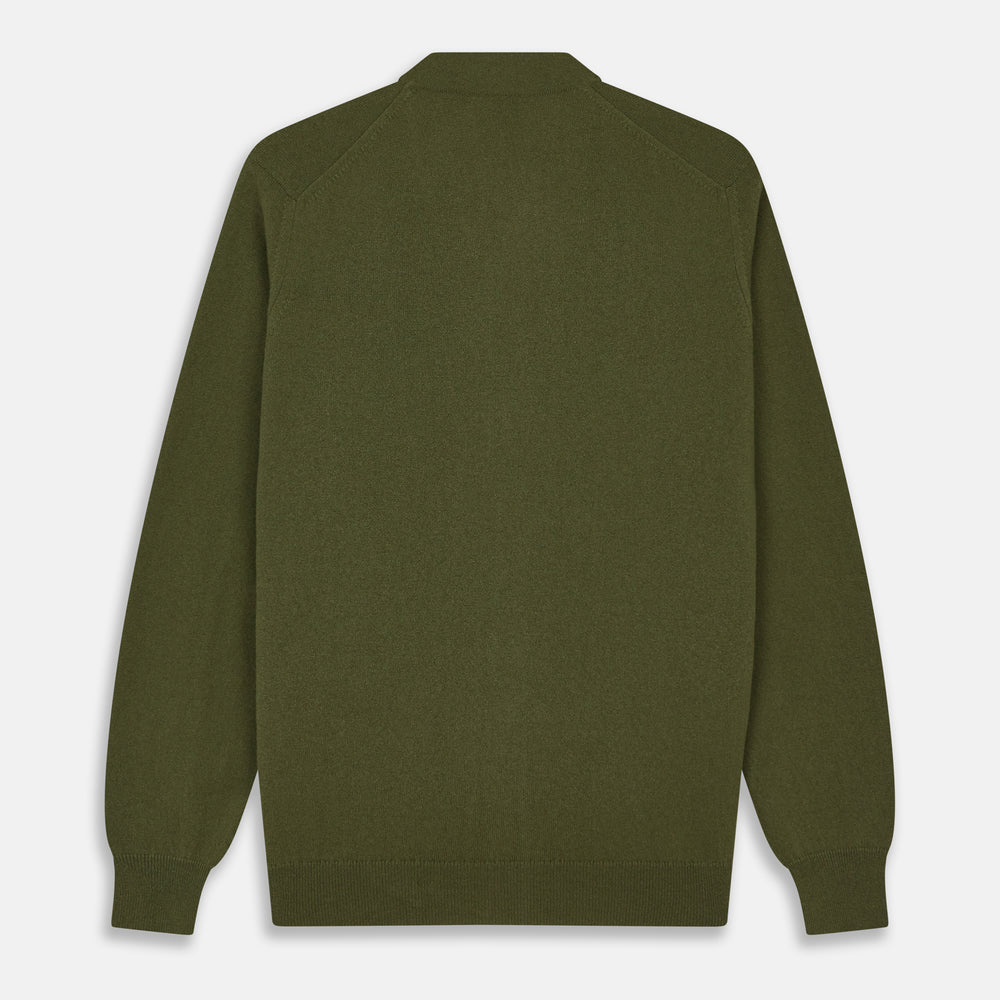 The Olive Lachlan Cashmere Cardigan by Turnbull & Asser features long sleeves, two front pockets, a V-neckline, and ribbed cuffs and hem—a smart-casual classic shown laid flat on a white background.