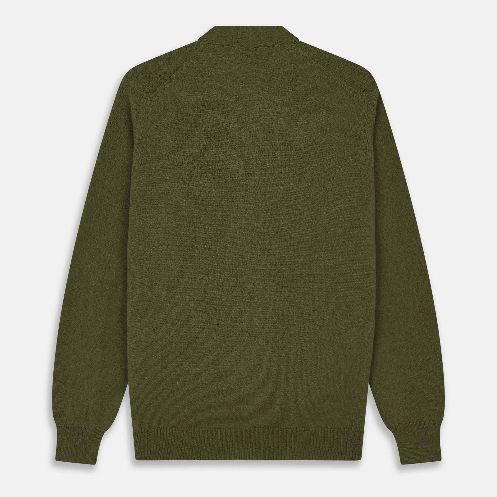 View 3 of product The Olive Lachlan Cashmere Cardigan by Turnbull & Asser features long sleeves, two front pockets, a V-neckline, and ribbed cuffs and hem—a smart-casual classic shown laid flat on a white background.