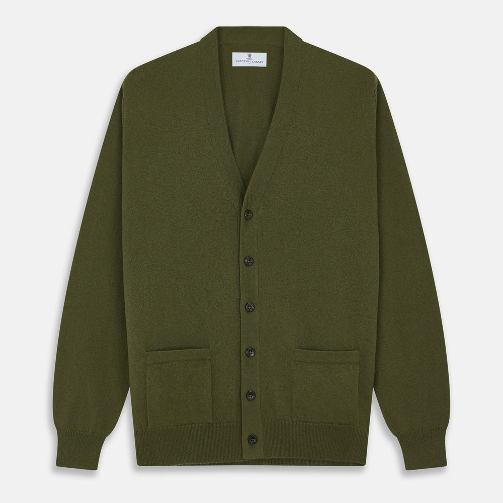The Olive Lachlan Cashmere Cardigan by Turnbull & Asser features long sleeves, two front pockets, a V-neckline, and ribbed cuffs and hem—a smart-casual classic shown laid flat on a white background.