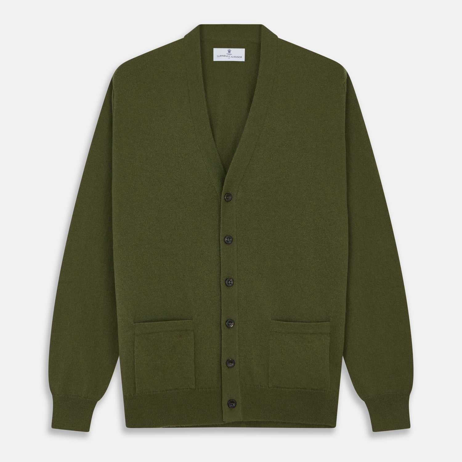 View 1 of product The Olive Lachlan Cashmere Cardigan by Turnbull & Asser features long sleeves, two front pockets, a V-neckline, and ribbed cuffs and hem—a smart-casual classic shown laid flat on a white background.