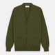 The Olive Lachlan Cashmere Cardigan by Turnbull & Asser features long sleeves, two front pockets, a V-neckline, and ribbed cuffs and hem—a smart-casual classic shown laid flat on a white background.