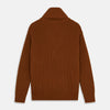 View 4 of product The Brown Ainsley Ribbed Shawl Cashmere Cardigan by Turnbull & Asser features a ribbed knit texture, black front buttons, and two front pockets, displayed laid flat on a white background.