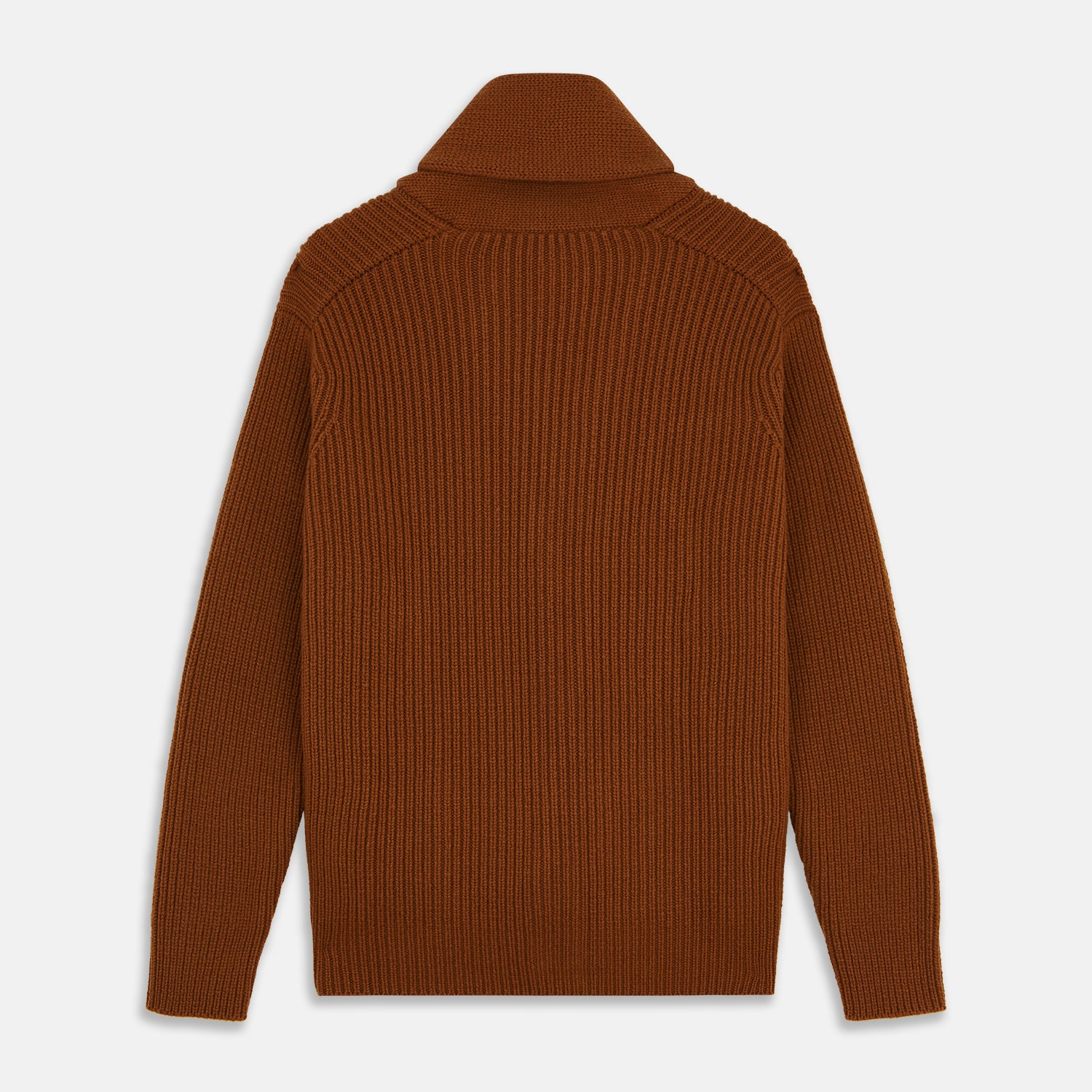 View 4 of product The Brown Ainsley Ribbed Shawl Cashmere Cardigan by Turnbull & Asser features a ribbed knit texture, black front buttons, and two front pockets, displayed laid flat on a white background.