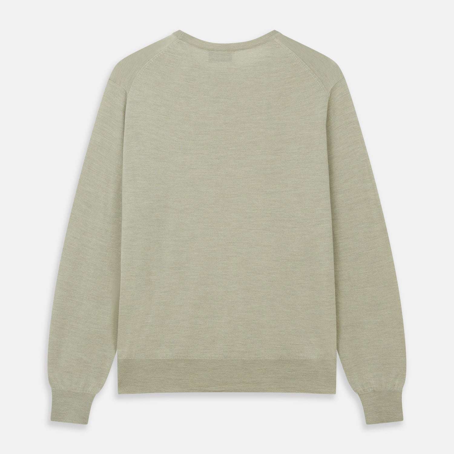 View 3 of product The Light Green Kingston Merino Crew Neck Jumper by Turnbull & Asser is laid flat, displaying its classic design with ribbed cuffs, hem, and neckline.