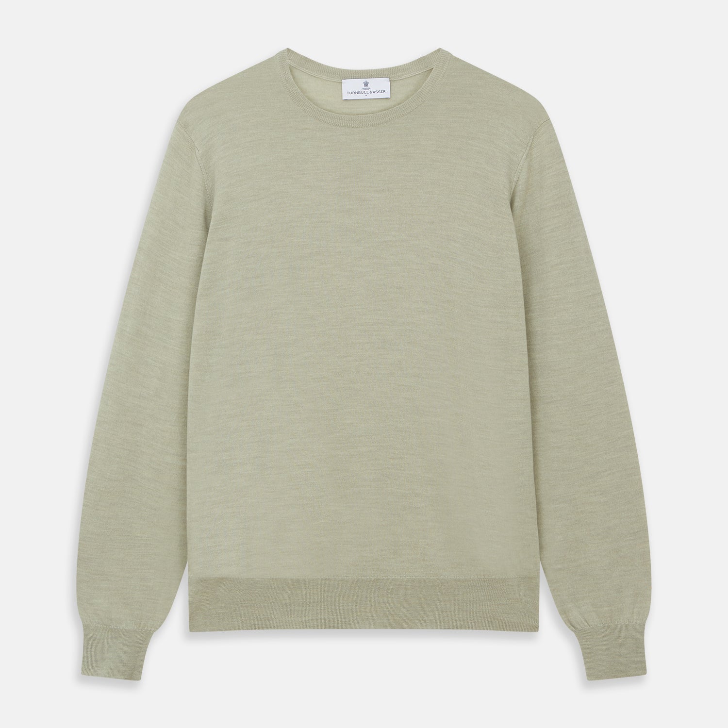 View 1 of product The Light Green Kingston Merino Crew Neck Jumper by Turnbull & Asser is laid flat, displaying its classic design with ribbed cuffs, hem, and neckline.
