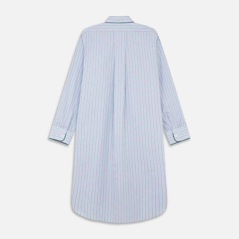 The Blue, Purple & Green Stripe Nightshirt by Turnbull & Asser is a long-sleeved, knee-length traditional nightshirt with a pointed collar, breast pocket with green trim, front buttons, and buttoned cuffs; made in England.
