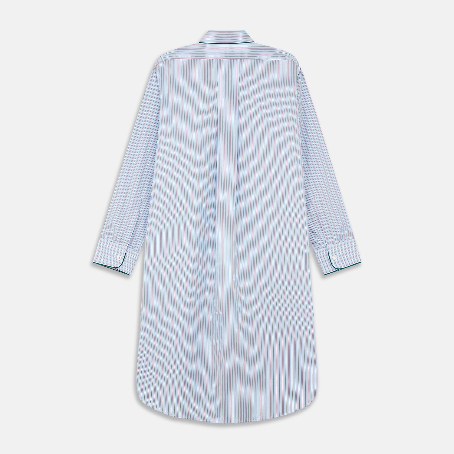 View 5 of product The Blue, Purple & Green Stripe Nightshirt by Turnbull & Asser is a long-sleeved, knee-length traditional nightshirt with a pointed collar, breast pocket with green trim, front buttons, and buttoned cuffs; made in England.